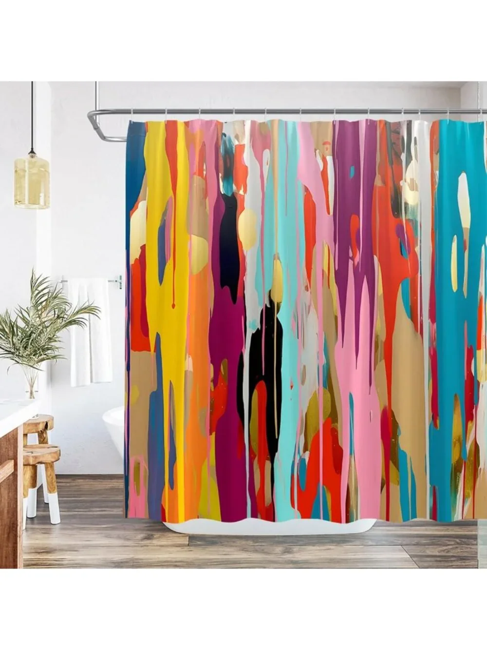 Colorful Abstract Geometric Shower Curtain Set - Rainbow Striped Bathroom Decor